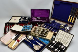 A LARGE SELECTION OF INCOMPLETE CANTEEN AND WHITE METAL CUTLERY SETS, to include eleven cased