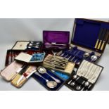 A LARGE SELECTION OF INCOMPLETE CANTEEN AND WHITE METAL CUTLERY SETS, to include eleven cased