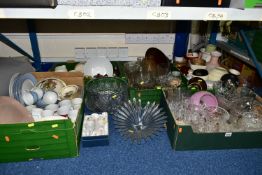 FIVE BOXES OF CERAMICS AND GLASSWARE, to include a large cut crystal punch bowl on feet, diameter