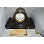 A VICTORIAN BLACK SLATE AND MALACHITE INLAID MANTEL CLOCK the dome top case with incised gilt