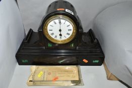 A VICTORIAN BLACK SLATE AND MALACHITE INLAID MANTEL CLOCK the dome top case with incised gilt