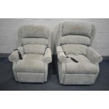 TWO BEIGE HSL RISE AND RECLINE ARMCHAIRS (condition - some stains, only one has a power cable but