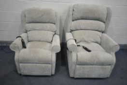 TWO BEIGE HSL RISE AND RECLINE ARMCHAIRS (condition - some stains, only one has a power cable but