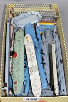 A BOX OF PLAY WORN TRIANG MINIC DIE-CAST SHIPS, QUAYSIDE AND ACCESSORIES, ships to include RMS