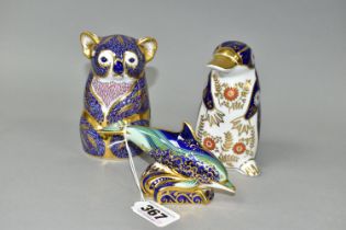 THREE ROYAL CROWN DERBY PAPERWEIGHTS, comprising Platypus, silver stopper, Koala, gold stopper and