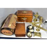 A GROUP OF BRASSWARES, TREEN AND SUNDRY ITEMS, comprising a nineteenth century walnut veneer work