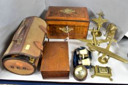 A GROUP OF BRASSWARES, TREEN AND SUNDRY ITEMS, comprising a nineteenth century walnut veneer work