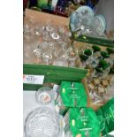 FOUR BOXES AND LOOSE ASSORTED GLASSWARE AND A FLOORSTANDING METAL AND GLASS TEA LIGHT HOLDER, the