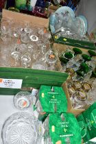FOUR BOXES AND LOOSE ASSORTED GLASSWARE AND A FLOORSTANDING METAL AND GLASS TEA LIGHT HOLDER, the