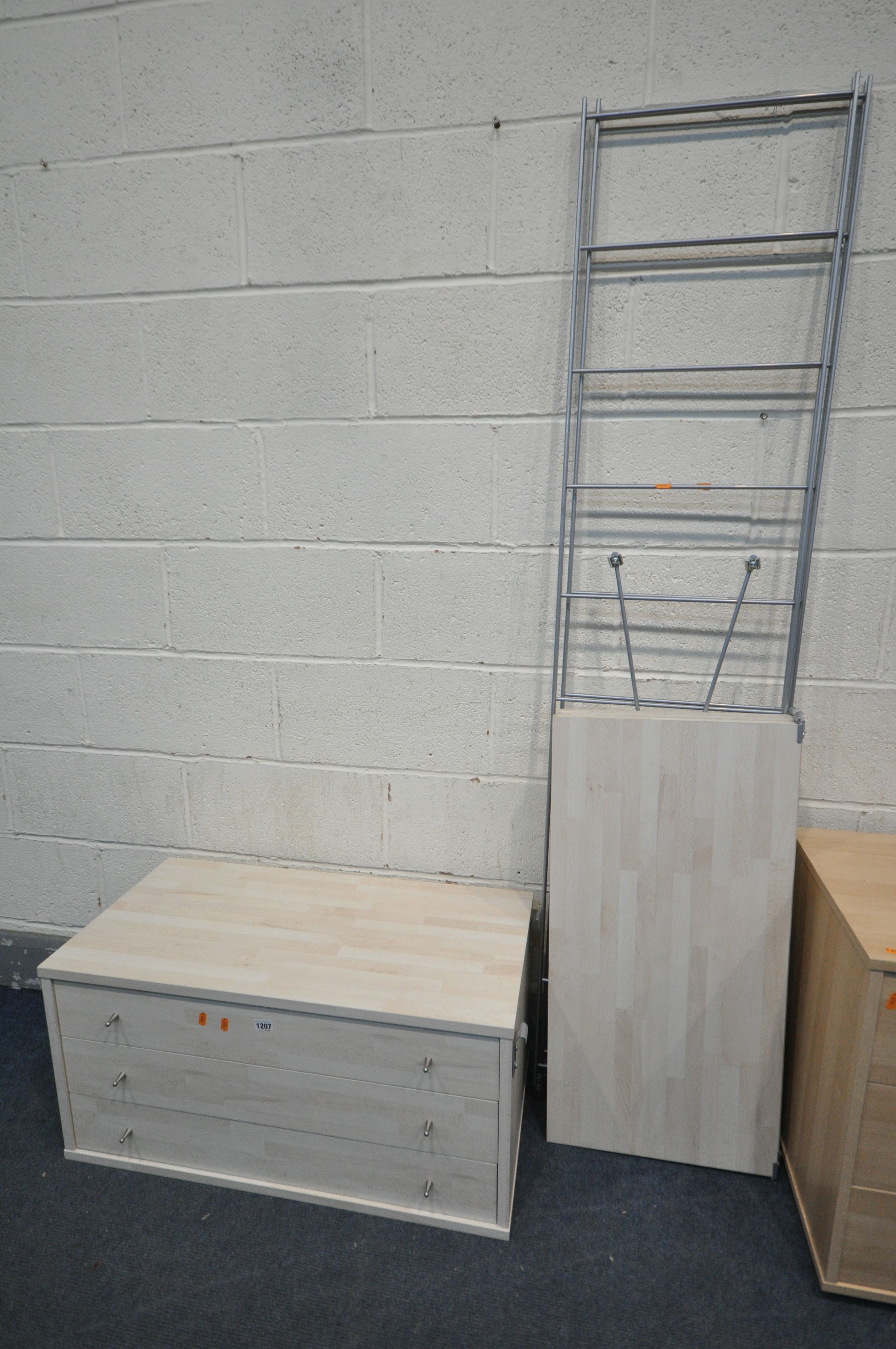 A MODERN IKEA LADDERAX STYLE SHELVING UNIT, comprising a chest of three drawers and three shelves, - Image 3 of 4