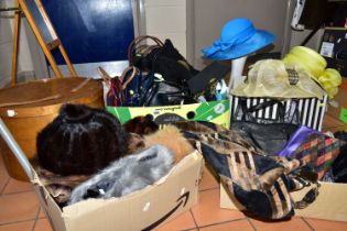 FOUR BOXES OF LADIES HANDBAGS AND HATS, to include over twenty ladies handbags, fur hats, three