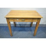 AN OAK SIDE TABLE with a single drawer and square tapered legs, width 92cm x depth 61cm x height