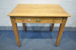 AN OAK SIDE TABLE with a single drawer and square tapered legs, width 92cm x depth 61cm x height