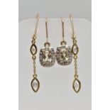 TWO PAIRS OF YELLOW METAL DIAMOND AND GEM SET EARRINGS, the first a pair of drop earrings each