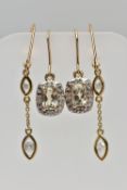 TWO PAIRS OF YELLOW METAL DIAMOND AND GEM SET EARRINGS, the first a pair of drop earrings each