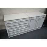A WHITE CHEST OF THREE DRAWERS, and a matching two door cupboard (2)