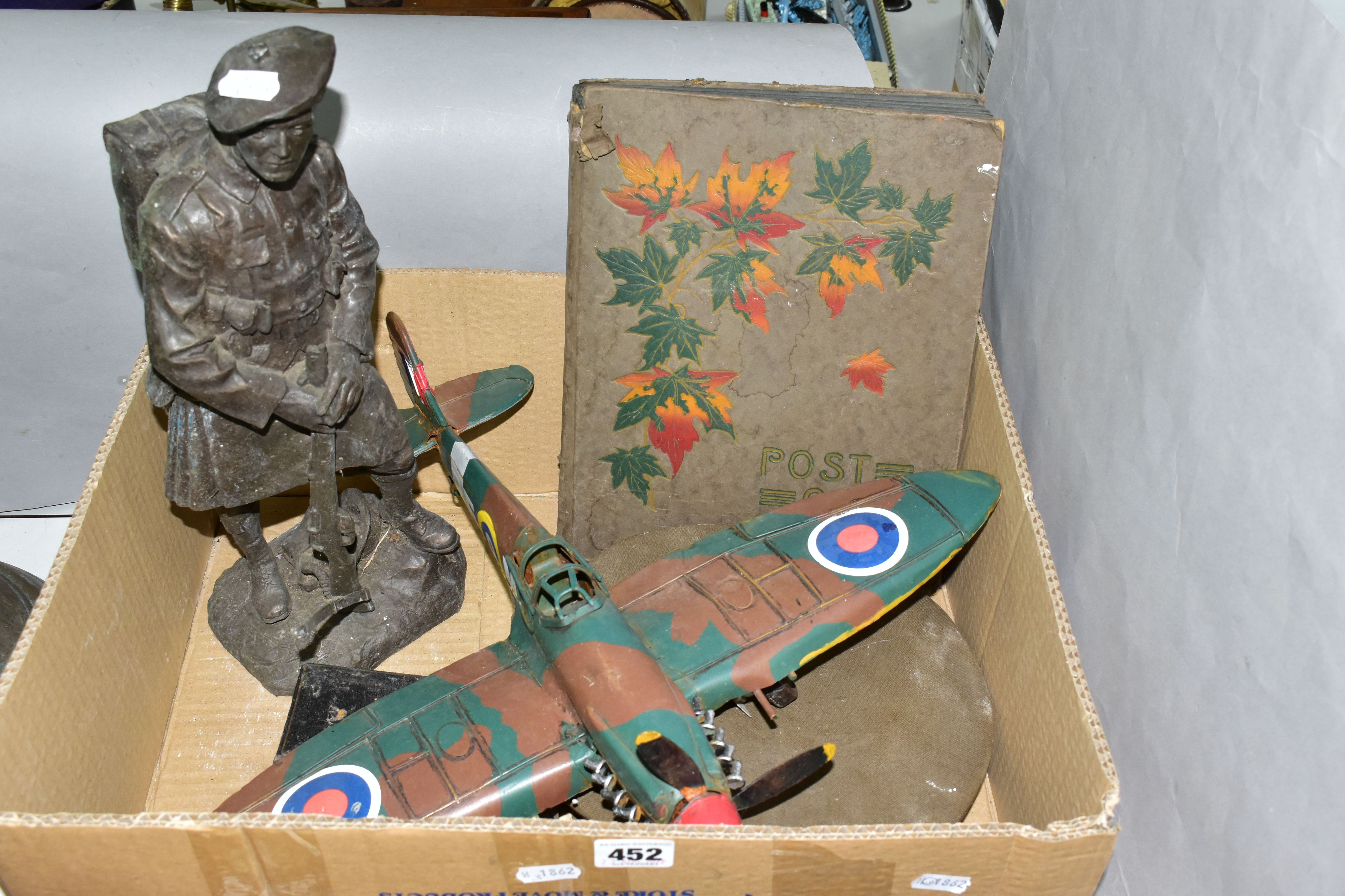 A BOX OF MILITARY RELATED ITEMS, to include a WW2 officers cap with Royal Engineers bronze cap badge