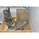 A BOX OF MILITARY RELATED ITEMS, to include a WW2 officers cap with Royal Engineers bronze cap badge