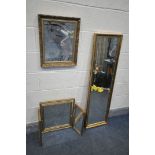 THREE VARIOUS GILT WALL MIRRORS, to include a rectangular bevelled edge mirror, triple dressing