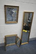 THREE VARIOUS GILT WALL MIRRORS, to include a rectangular bevelled edge mirror, triple dressing