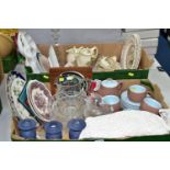 TWO BOXES OF CERAMICS AND SUNDRIES, to include a Denby-Langley stoneware coffee set, one coffee pot,
