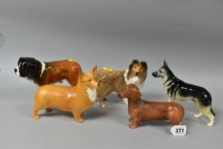 FIVE BESWICK DOG FIGURES, comprising Dachshund -standing, no.3013, tan matt, Alsatian 'Ulrica of