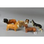 FIVE BESWICK DOG FIGURES, comprising Dachshund -standing, no.3013, tan matt, Alsatian 'Ulrica of