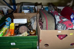 FIVE BOXES AND LOOSE TREEN, METALWARES AND ASSORTED HOUSEHOLD ITEMS, to include a vintage Japanese