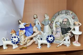 A GROUP OF CERAMIC ANIMAL AND LADY FIGURES, ETC, including a mid-20th century Wallendorf figure of a