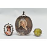 AN EARLY 20TH CENTURY SILVER MINIATURE PORTRAIT AND TWO BROOCHES, to include a large oval silver