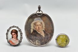 AN EARLY 20TH CENTURY SILVER MINIATURE PORTRAIT AND TWO BROOCHES, to include a large oval silver