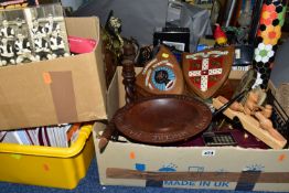 SEVEN BOXES OF BRASSWARE, TREEN AND ASTON VILLA PROGRAMMES, to include fireside brassware, brass