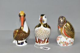 THREE ROYAL CROWN DERBY PAPERWEIGHTS, comprising Puffin, pale gold stopper, Kingfisher, gold stopper