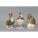 THREE ROYAL CROWN DERBY PAPERWEIGHTS, comprising Puffin, pale gold stopper, Kingfisher, gold stopper