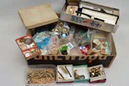 A BOX OF COSTUME JEWELLERY, to include beaded necklaces, shell necklaces, imitation pearl
