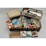 A BOX OF COSTUME JEWELLERY, to include beaded necklaces, shell necklaces, imitation pearl