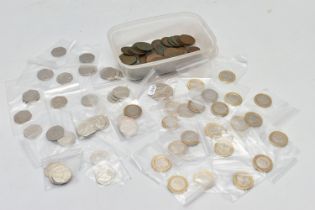 A SMALL CARDBOARD BOX OF MAINLY MODERN UK COINAGE, to include 25 X two-pound coins with Features e.