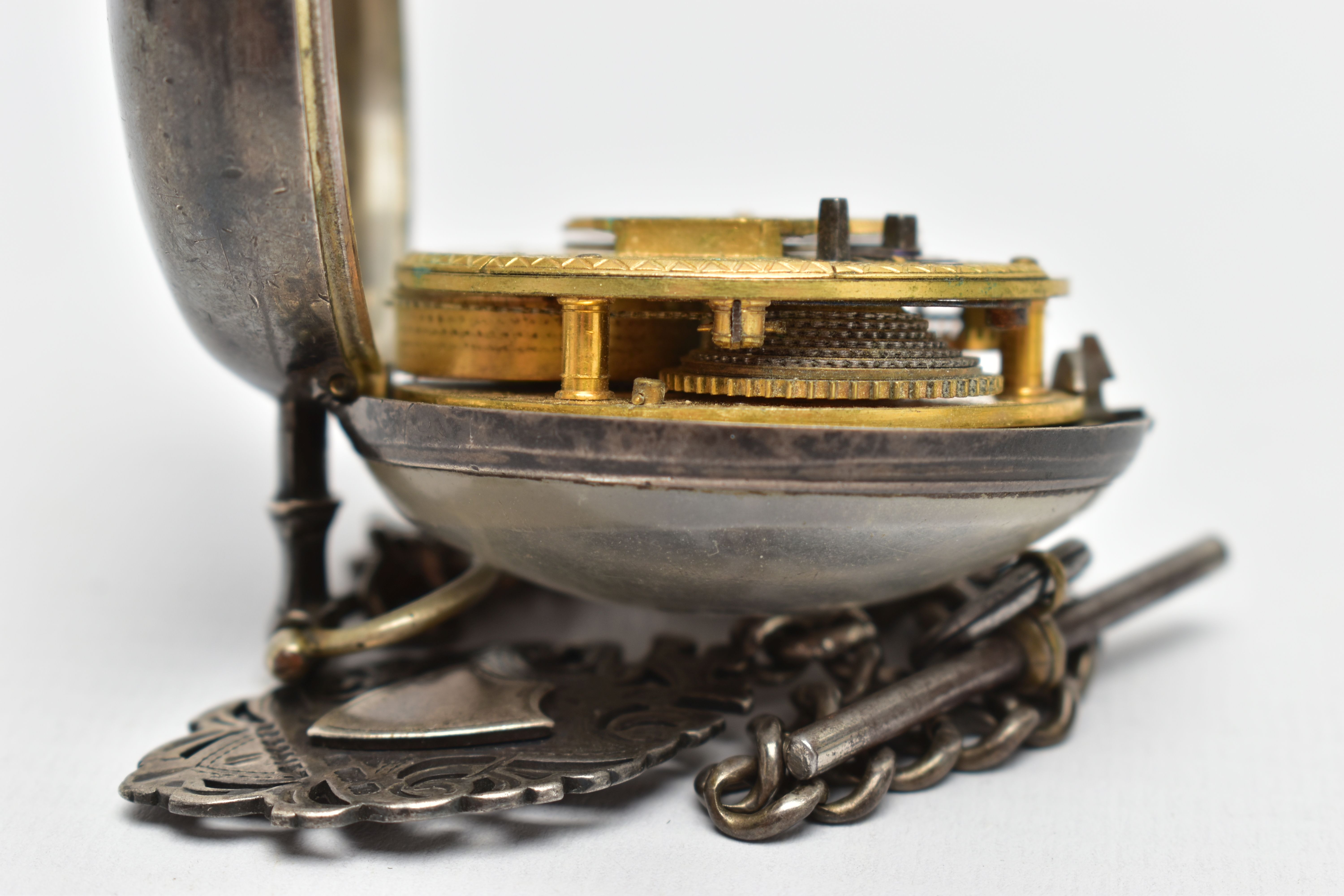 A SILVER OPEN FACE POCKET WATCH AND ALBERT CHAIN, key wound watch, white damaged ceramic dial, - Image 6 of 6
