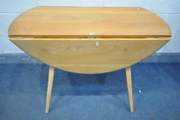 AN ERCOL WINDSOR OVAL DROP LEAF DINING TABLE, on square tapered legs, open length 123cm x closed