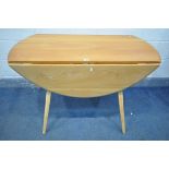 AN ERCOL WINDSOR OVAL DROP LEAF DINING TABLE, on square tapered legs, open length 123cm x closed