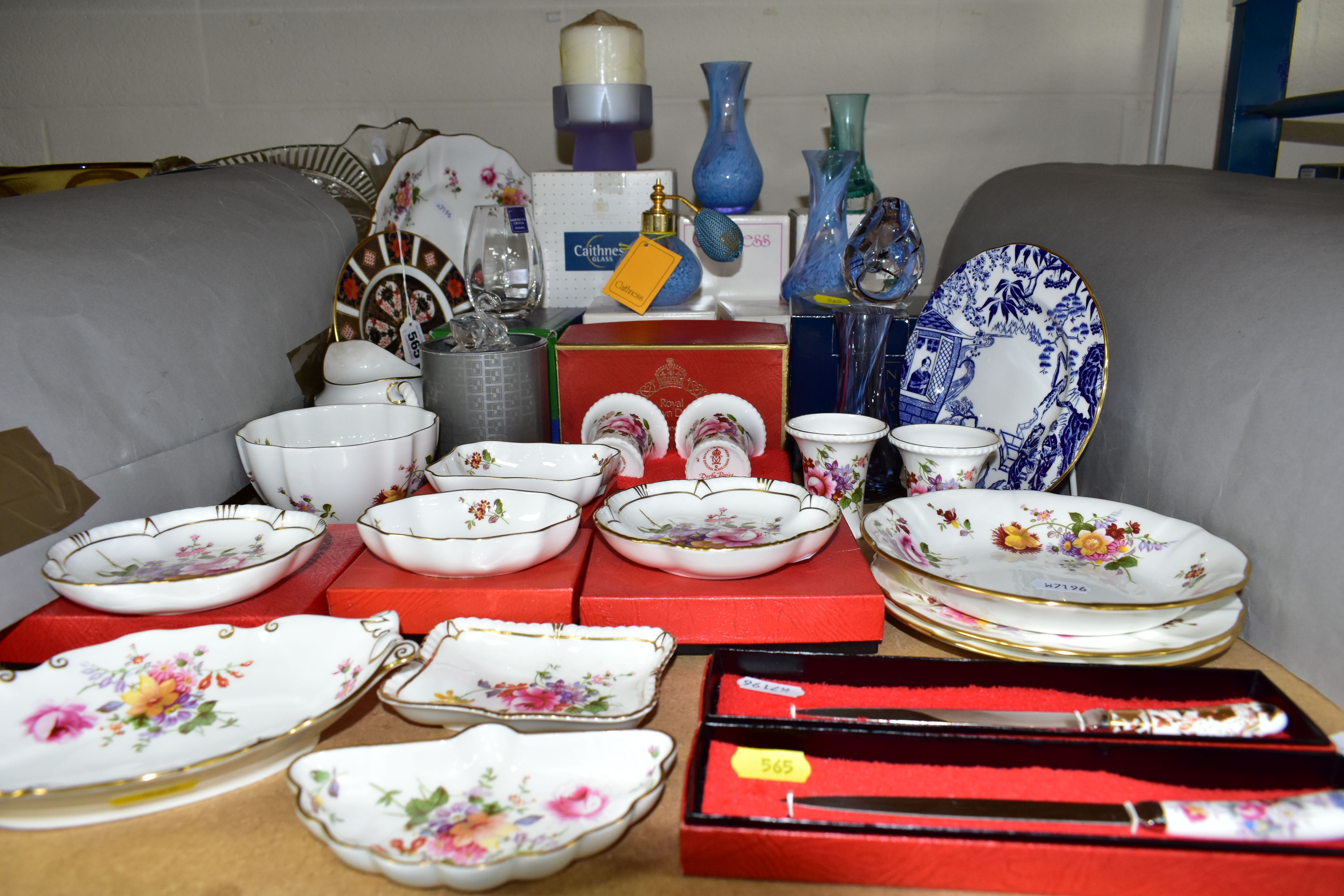 A GROUP OF BOXED GLASSWARES AND ROYAL CROWN DERBY, comprising three boxed Caithness vases, a boxed