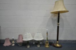 A BBRASS AND ONYX FRENCH TABLE LAMP, along with two pair of lamps, and a standard lamp, five lamps