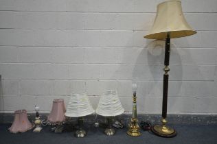 A BBRASS AND ONYX FRENCH TABLE LAMP, along with two pair of lamps, and a standard lamp, five lamps