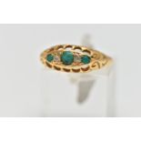AN EARLY 20TH CENTURY 18CT YELLOW GOLD TURQUOISE AND DIAMOND RING, set with a principal turquoise