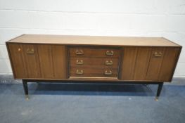 A MID CENTURY G PLAN E.GOMME TOLA AND BLACK SIDEBOARD, with two bi fold doors, flanking three