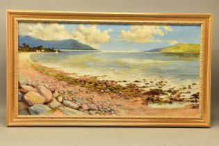 AN EXTENSIVE 20th CENTURY COASTAL LANDSCAPE, OIL ON CANVAS, the stony foreshore leads to calm open