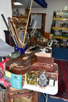 THREE BOXES OF MISCELLANEOUS ITEMS, to include two small brown vintage suitcases, a 1960s guitar,