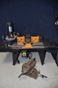 A CLARKE CRT-1 ELECTRIC TABLE TOP along with a Power Master electric router, Jacob cross vice and