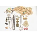 A BOX OF ASSORTED COSTUME JEWELLERY, to include a carved high relief lava cameo brooch, depicting