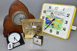 FIVE CLOCKS, comprising a square Art Deco Little Boy Blue wall clock with ceramic dial marked '